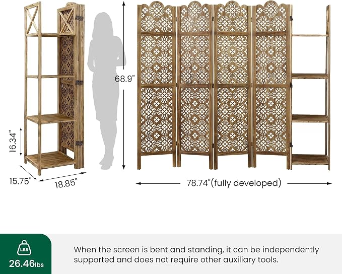 Svimi Wood Room Divider with 4-Tier Shelves, 4 Panel Privacy Screen | 4-panel - Image 4