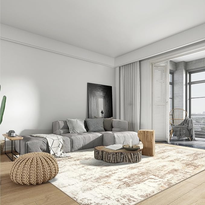 9x12 Area Rugs for Living Room: Washable Abstract Beige Grey Badroom Carpet | - Image 4