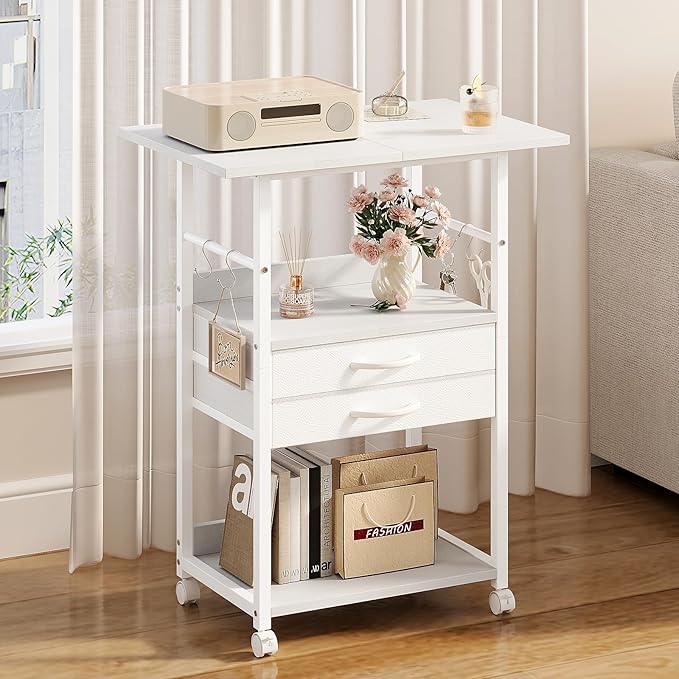 VENNQD Large Printer Stand with Storage Fabric Drawer Under Desk Printer Table with Wheels for Home Office, Printer Cart fit Fax Machine Scanner (White, 3 Tiers)