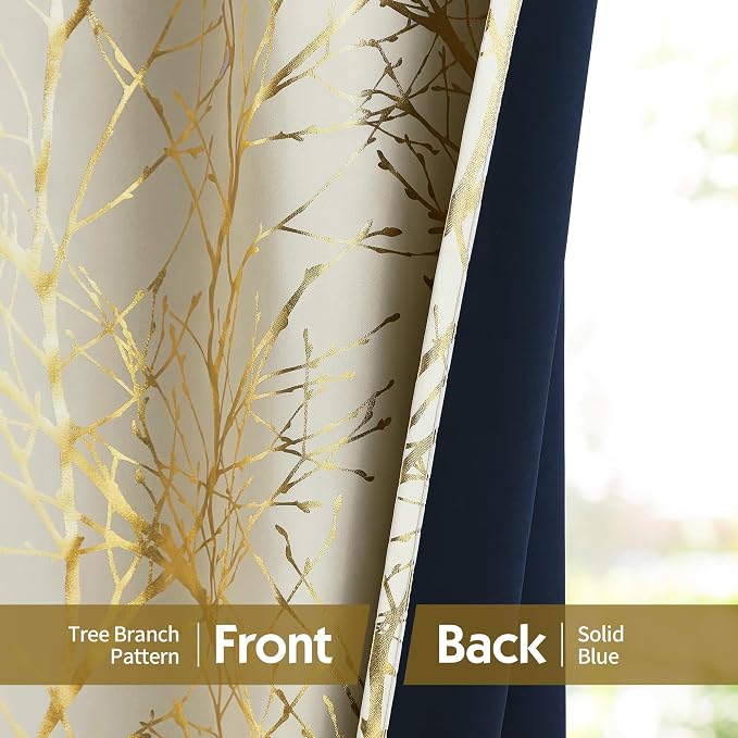 FMFUNCTEX 100% Blackout Ivory Gold Foil Tree Curtains 84 Inch Long 2 Panels | - Image 6