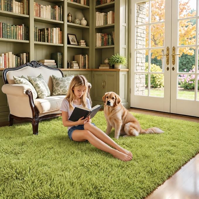 8x10 Area Rugs for Living Room, Grass Green Large Shaggy Plush Furry Carpet | - Image 4