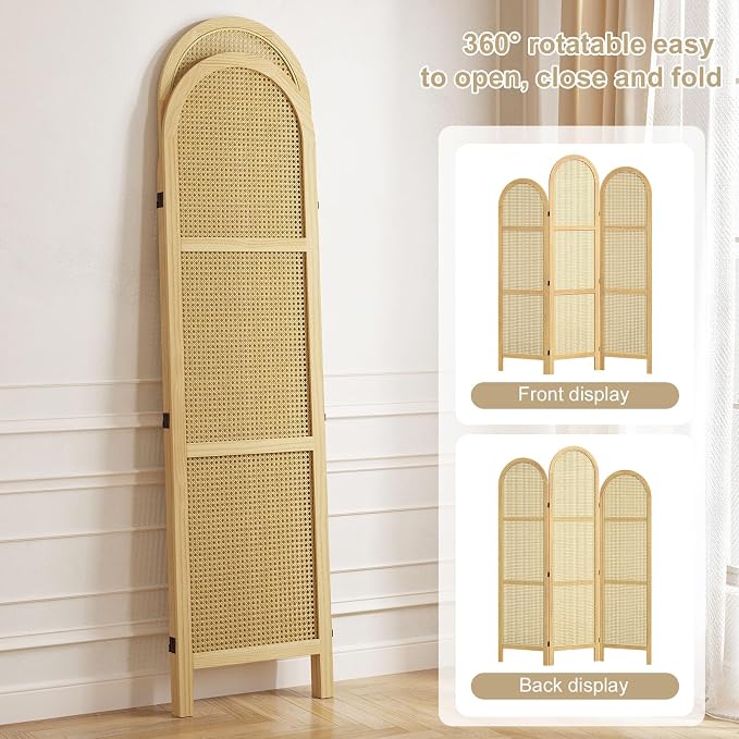 3-Panel Hand-Woven Rattan Room Divider, Tall Foldable Privacy Screen - Image 5