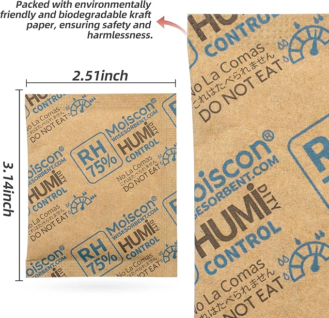 Wisesorb 75% RH 8 Gram Two-Way Humidity Control Packs for Storing Up to 5 Items, 15 Pack Size 8 Moisture Control Packets Individually Wrapped for Small Non-Plastic Travel Cases