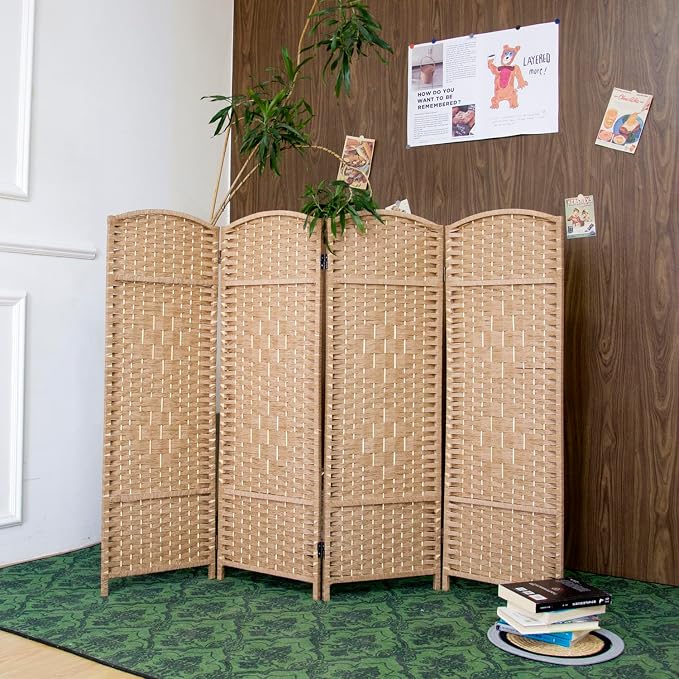 4-Panel Short Room Divider, 3.9 ft Freestanding Partition Wall, Light Brown - Image 3