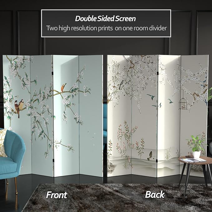 Red Lantern 6 ft. Tall Double Sided Birds and Plum Blossoms Canvas Room Divider - Image 2