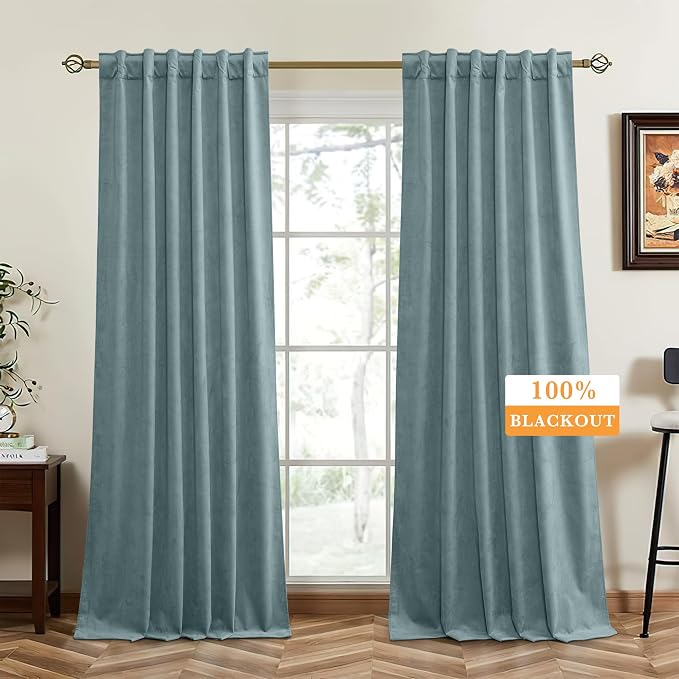 RYB HOME 100% Blackout Blue Velvet Curtains 90 inches Long, Back Tab Thermal by RYBHOME