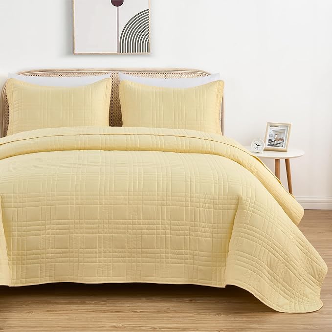 Chezmoi Collection Kingston King Size Bedspread Set, 3-Piece Pastel Yellow - Image 3