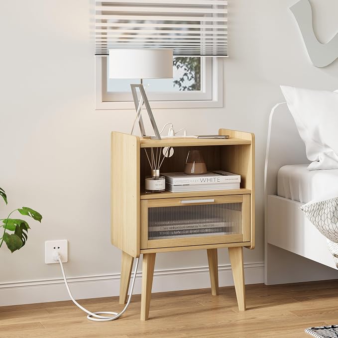 MMEOLUOOK Nightstand with Charging Station, Bedside Tables with Glass - Image 2
