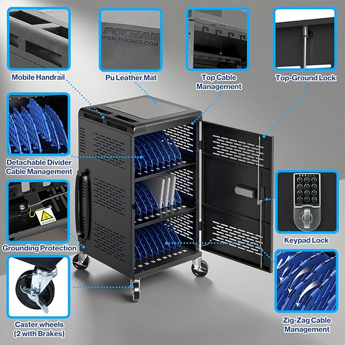 4 Pack | Fully Assembled 30 Bay Multi Device Charging Station for Chromebook,iPad,14'' Laptop,Pre Built Computer Charging Cart with Charger Cable Management,Circuit Breaker,Grounding Protection(Black)