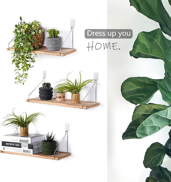 Floating Wall Shelves, Rustic Wood Wall Mounted Shelf Set of 3 | No Drill - Image 6