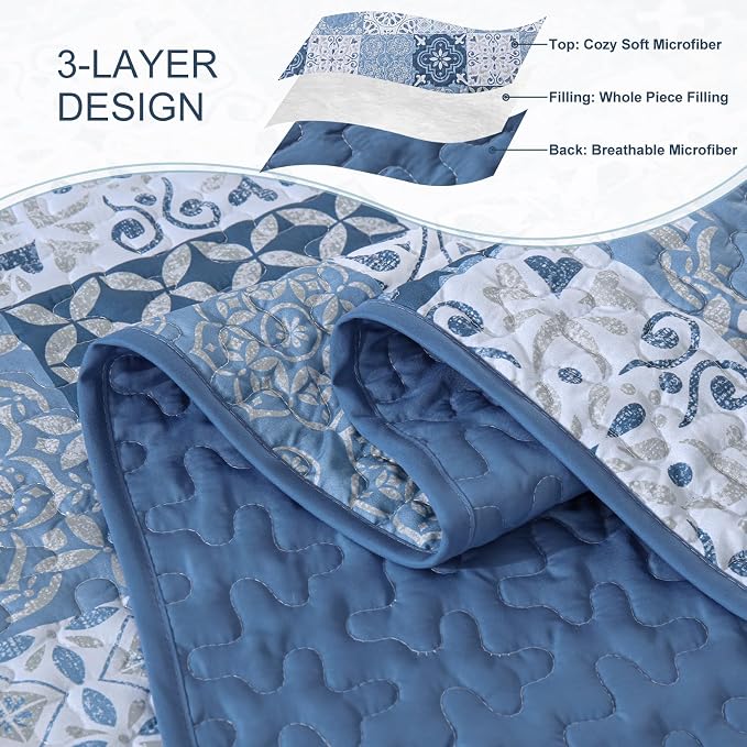 Quilt Set Queen Boho Plaid Patchwork Bedspreads Coverlet, Mineral Blue | 3Pcs - Image 6