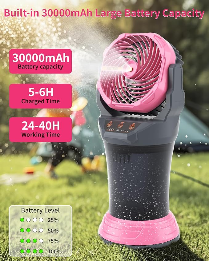 WESTTREE Portable Misting Fan with Large Battery Fan-Rechargeable Outdoor Misting Cooling Fans with 2L Water Tank,RGB Lights,4 Speeds & Spray Modes-for Patio, Camping, Beach, Workshop (Gray-Pink)
