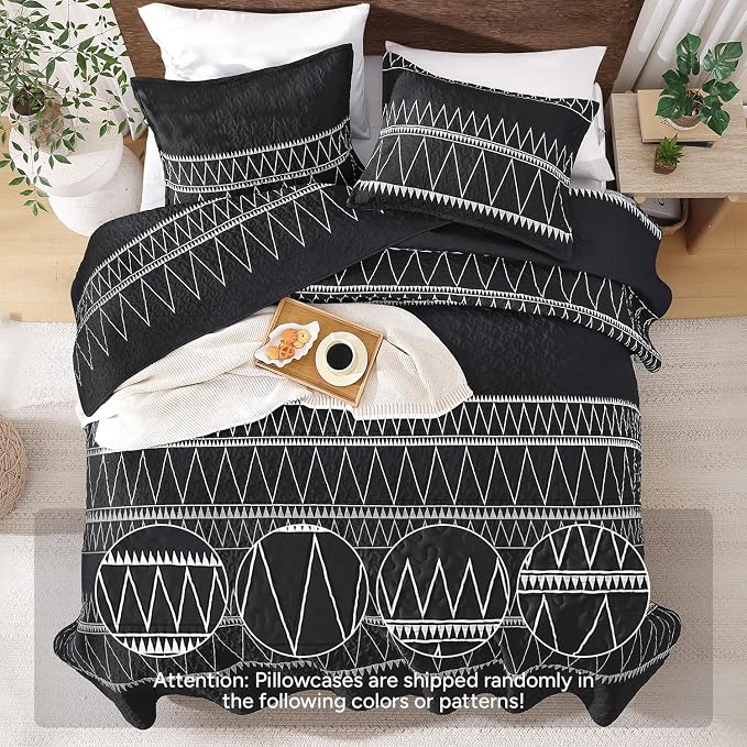 Black King Size Quilt Set, 3 Pieces Boho Striped Bedspread | Soft Lightweight - Image 3