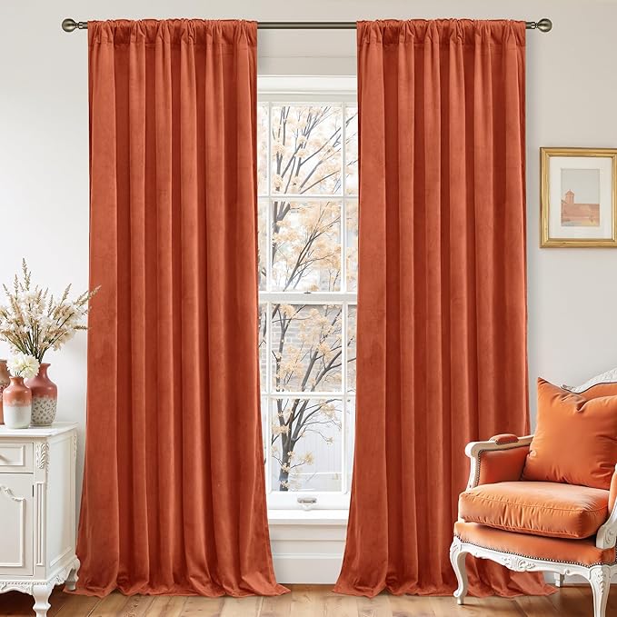 LAMIT Velvet Curtains 120 Inch for Living Room, Terracotta Thermal Insulated Room Darkening Drapes Rustic Vintage Noise Reducing Panels with Back Tab and Rod Pocket, 2 Panels, 52 x 120 Inch