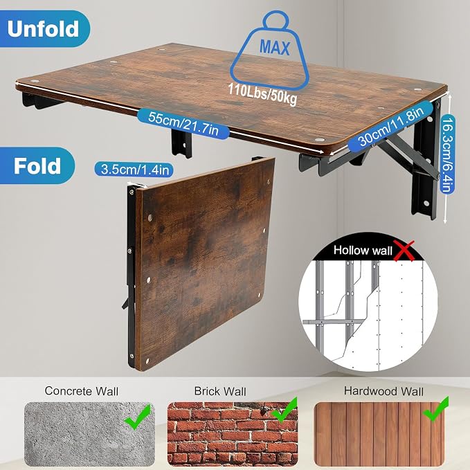 Folding Wall Desk for Small Space, 21.7Inches Wooden Floating Table | Foldable - Image 7