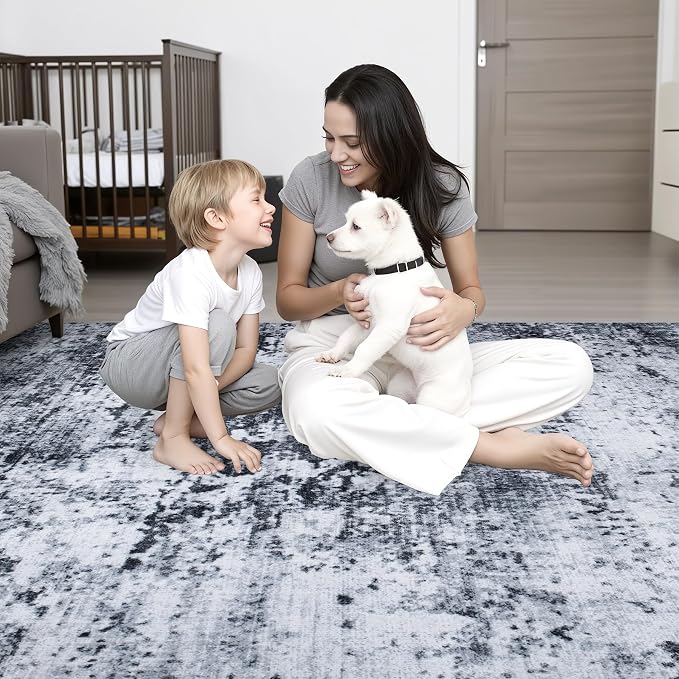 Area Rug Living Room: 5x5 Modern Washable Indoor Carpet Black | - Image 8