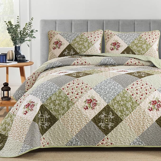 Dinjoy Patchwork Quilt Set King Size, Boho Bedding Set, Oliver Green | Soft - Image 4