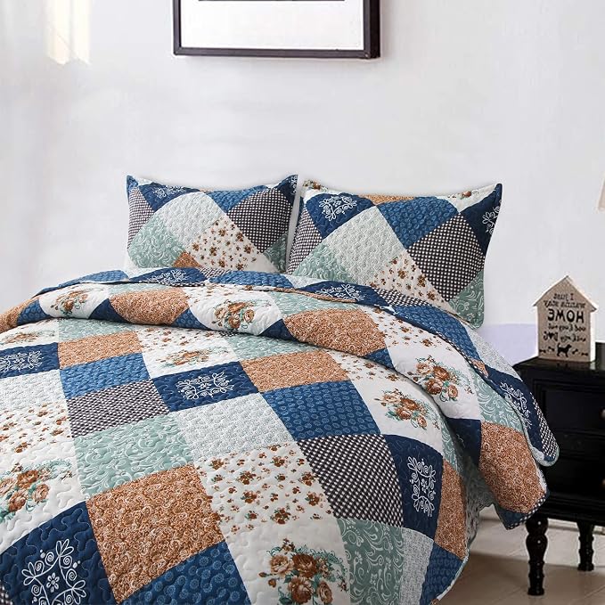 Dinjoy Patchwork Quilt Set Full Size, Reversible Blue Floral Bedspreads | - Image 3