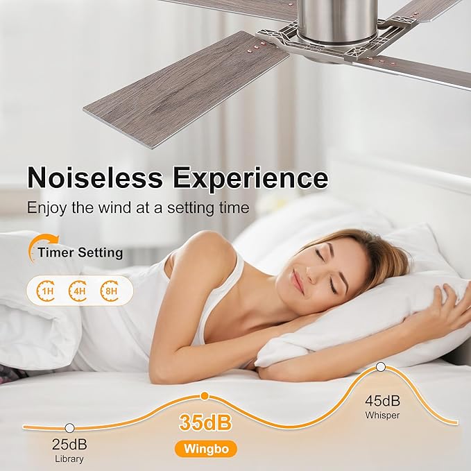 WINGBO 48 Inch Flush Mount Ceiling Fan without Light - 4 Plywood Blades, 6-Speed Reversible DC Motor, Noiseless Low Profile Ceiling Fan No Light for Bedroom Living Room, Nickel and Silver/Gray