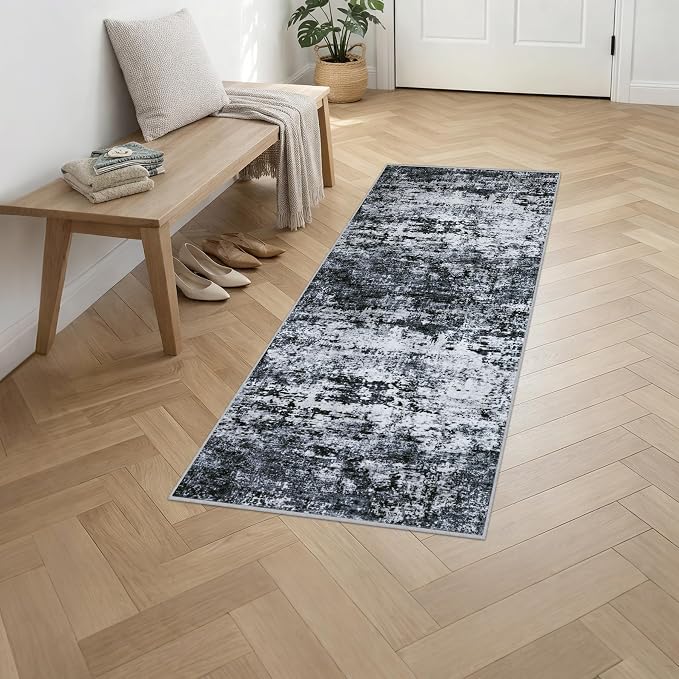2x6 Washable Runner Rug：Modern Abstract Kitchen Carpet Black | - Image 2