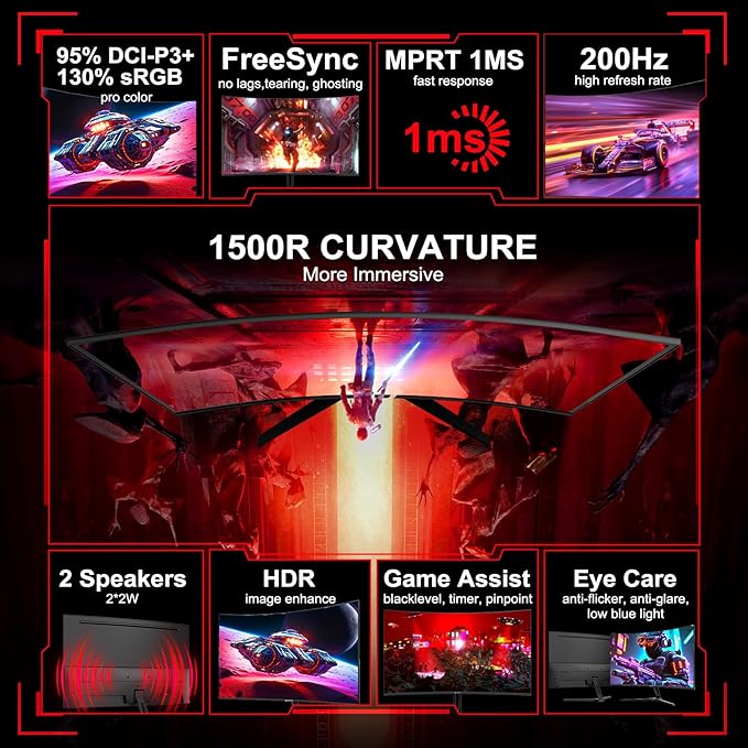 SANSUI 27 Inch Curved Gaming Monitor 200Hz 1ms with Speakers FHD 1080P Computer Monitor FreeSync|1500R|130% sRGB|HDR|Low Blue Light|HDMI DP Ports|VESA Mount|Metal Stand(HDMI Cable Incl.)