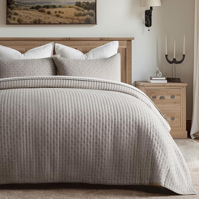 100% Cotton Cross Stitch 3-Piece Quilt Set, Taupe | 100% Cotton, Elegant Cross - Image 2