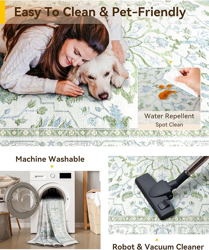 RELEANY Washable Area Rug, Water Repellent, Pet Friendly, Vintage Floral Boho - Image 5