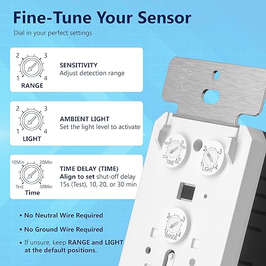 LIDER Motion Sensor Dimmer Switch for Dimmable 200W LED/CFL Lights, 3-Way, 120 V, Modern Upgrade, No Neutral Required, No Ground Required, UL Listed, Wall Plate Included, White, 2 Pack, New Version