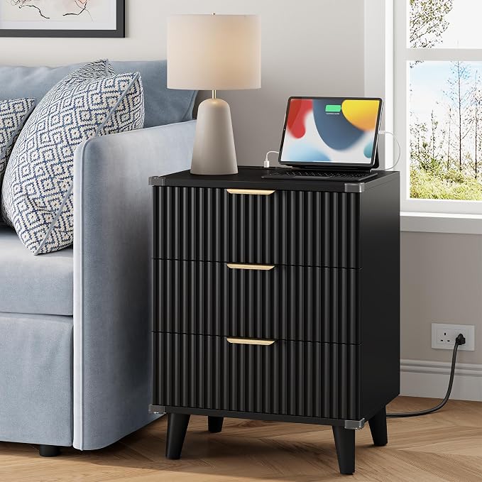 Wood Nightstands Set of 2 w/Charging Station, 3 Drawers Fluted Dresser | Black - Image 2
