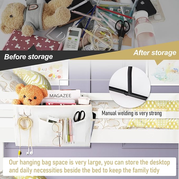 Bedside Caddy Organizer Hanging Storage Bag Bunk Bed 2Pack White | Bed Caddy - Image 5