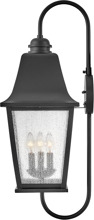 Hinkley Kingston Large Wall Mount Lantern - Oversized Sweeping Roof & Arms, Aluminum, Clear Seedy Glass - Black Finish