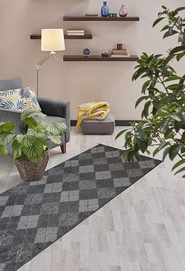 Custom Length Hallway Runner Rug,Slip Resistant,Squares Anthracite, 26 Inch X 26 feet, Sold and Priced Per Foot