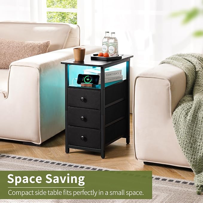 Yoobure End Table with Charging Station, LED Narrow Side Table Bedside Table - Image 3