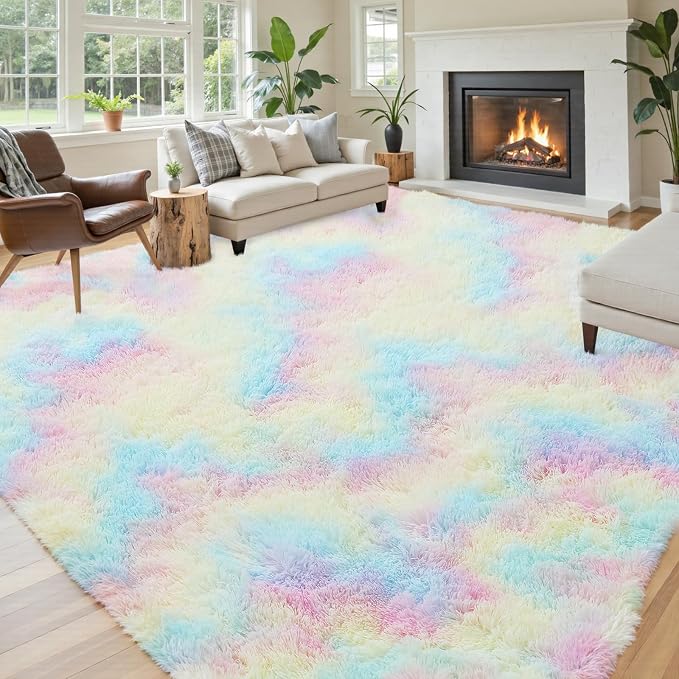 8x10 Area Rugs for Living Room, Rainbow Large Shaggy Carpet Plush Furry Rug | - Image 2