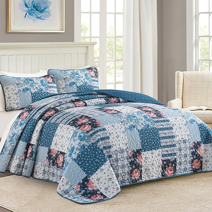 Anibedding Quilt Set King Size, 3 Pieces Blue Floral Patchwork Bedspread - Image 2