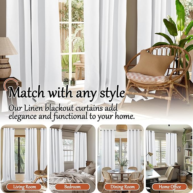 Blackout Curtains for Bedroom 63 Inch Length 2 Panels Set, Thermal Insulated 100% Black Out Privacy Soundproof Grommet Farmhouse Linen Window Curtains for Living Room Darkening, White, Each 52”Wide