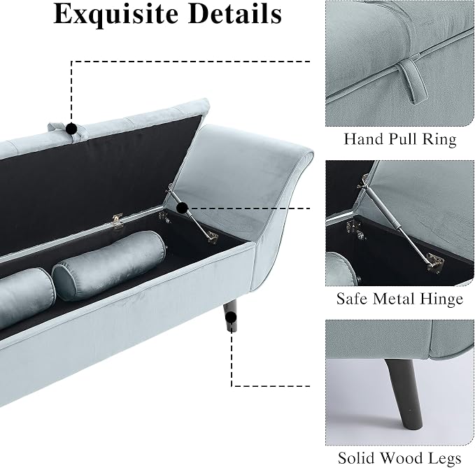 65" Velvet End of Bed Bench, Upholstered Seat - Image 5