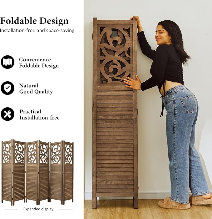 Room Divider Wood Carved Wall Divider Indoor Folding Portable Partition Screen - Image 3