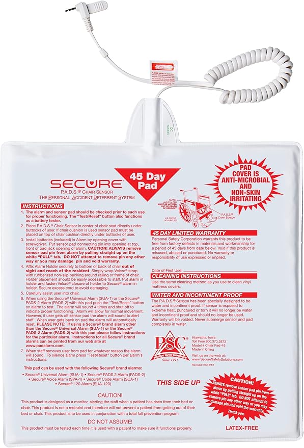 Secure Chair Alarm for Elderly Dementia Patients - 12x12 in Pressure Sensor Pad, 80-120 dB Monitor - Fall Prevention Devices, Monitoring Kit Caregiver Alert, Perfect Complement to Bed Alarm