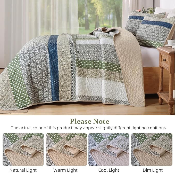 WONGS BEDDING Queen Quilt Set Khaki Green, 3 Pieces Striped Bedspread | Ultra - Image 8