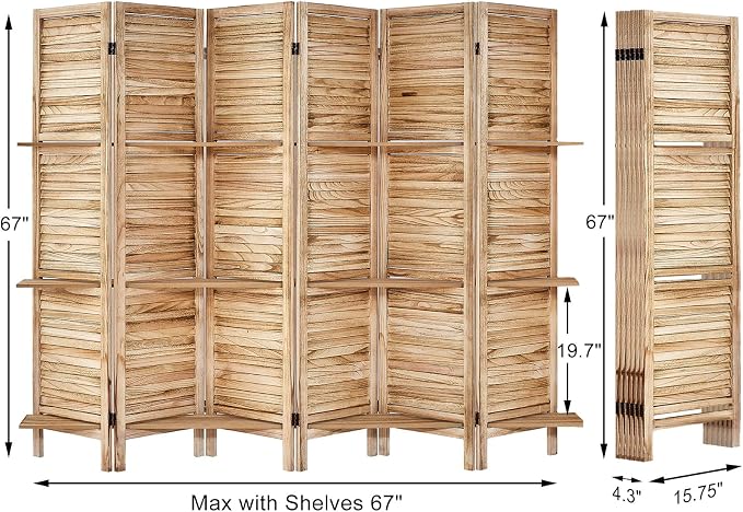 Room Divider with Shelves, 6 Panel Natural Privacy Screen | Partition Room - Image 2