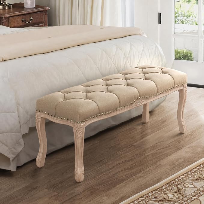 Bedroom Bench, French Vintage Tufted Entryway Bench, 45.2" Carving Upholstered - Image 2