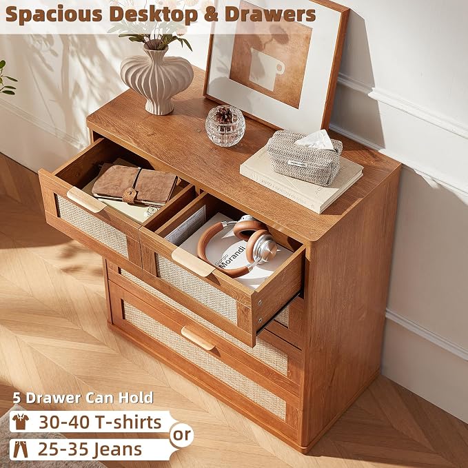 LEYAOYAO Rattan Dresser for Bedroom, 33.5" Small Chest of Drawers | Gold Metal - Image 5
