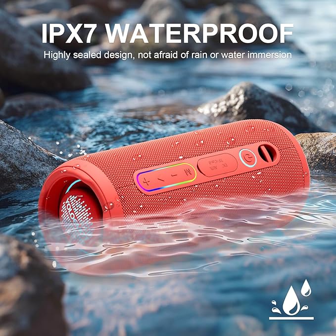 YOLOEMOT Waterproof Bluetooth Speaker, Wireless Shower Speaker with 24W Loud Stereo Sound and Bluetooth 5.3, Enhanced Bass, TWS Pairing, IPX7 Waterproof, 12 Hours of Playtime for Home/Outdoor (Red)