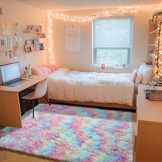 Rainbow Area Rugs for Living Room, 5x8 Fluffy Girls Bedroom Rug, Indoor Ultra - Image 6