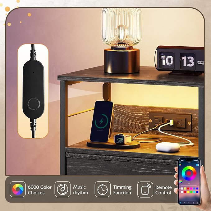WLIVE Nightstand with Charging Station, 31.9" H Nightstand with 3 Fabric Drawers - Image 4