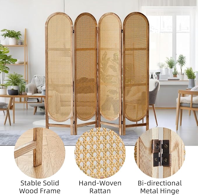 4 Panel Rattan Room Divider, Folding Room Divider Screen, Natural | Pine Wood - Image 6
