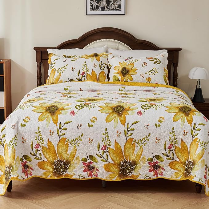 EVENHUG 100% Cotton Quilt King Size Yellow Sunflower Bedding Set Floral - Image 4