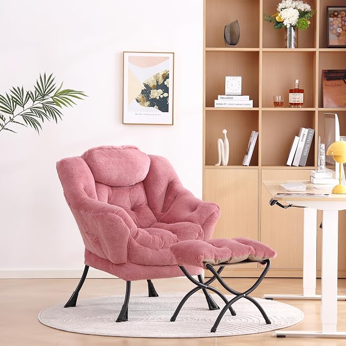 Lazy Chair with Ottoman, Comfy Accent Reading Chair, Plush Dark Pink | Foldable - Image 8