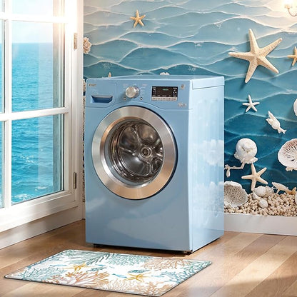 Kitchen Mats for Floor Cushioned Anti Fatigue Sets of 2 Coastal Kitchen Rugs Non Slip Waterproof Nautical Foam Kitchen Floor Rug Beach Theme Coral Fish Comfort Standing Mat for Sink Laundry, Teal